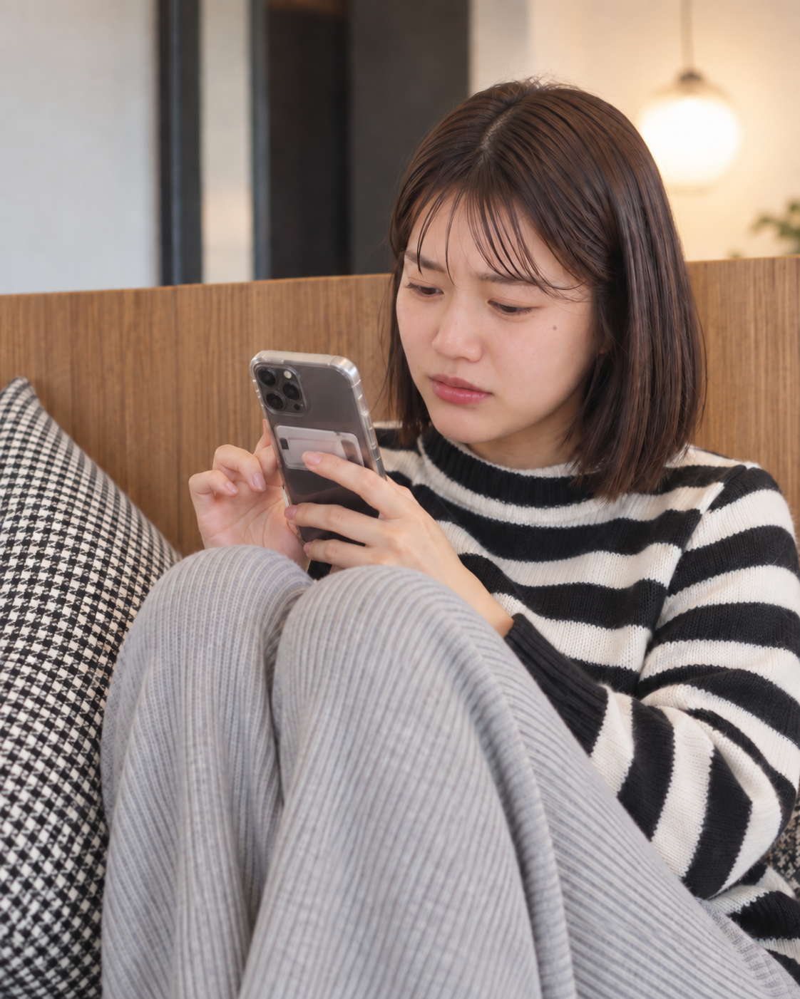 スマートフォンを見ながら考え込む女性のイメージ